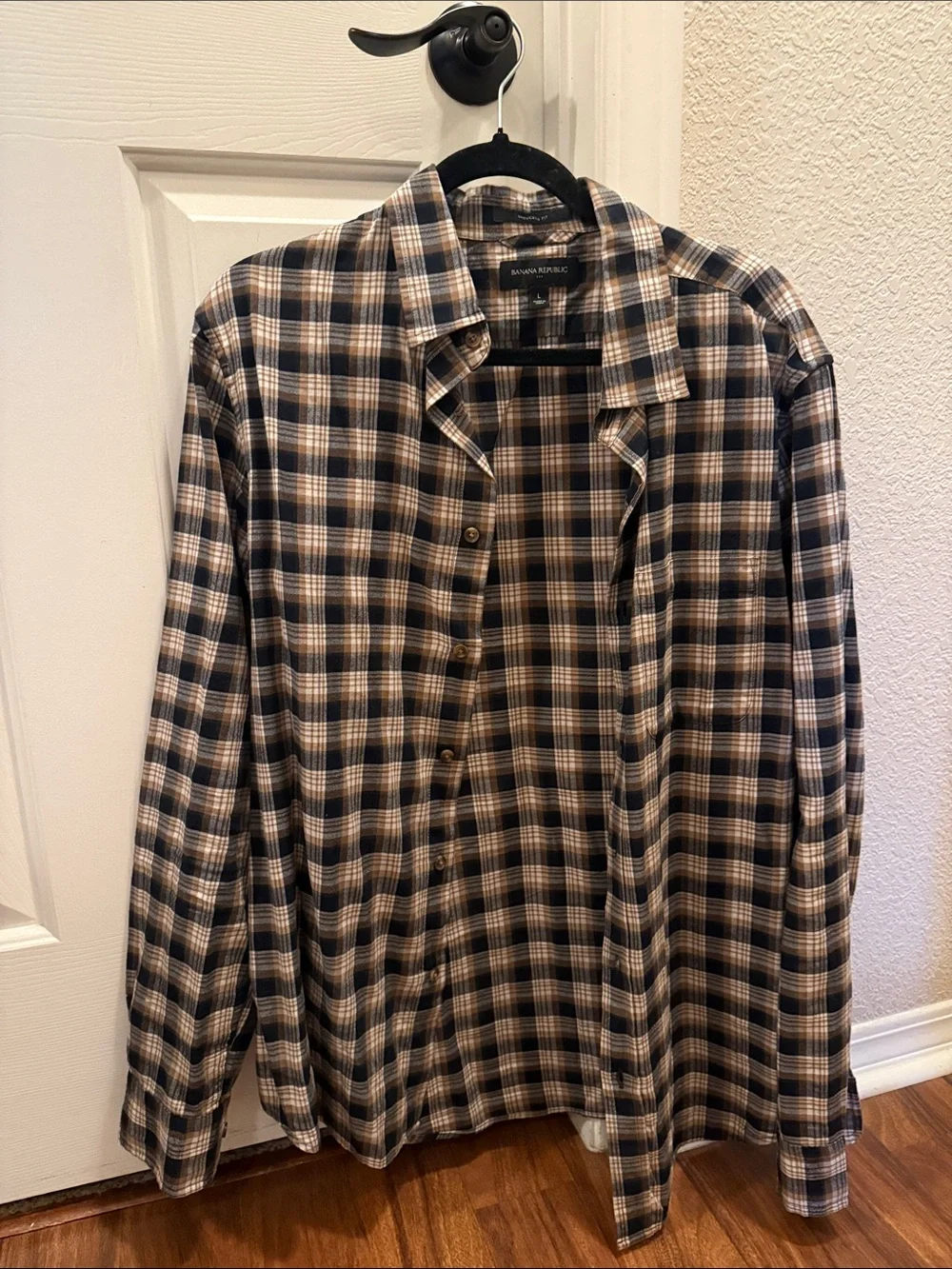 Banana Republic Navy and Tan Plaid Shirt